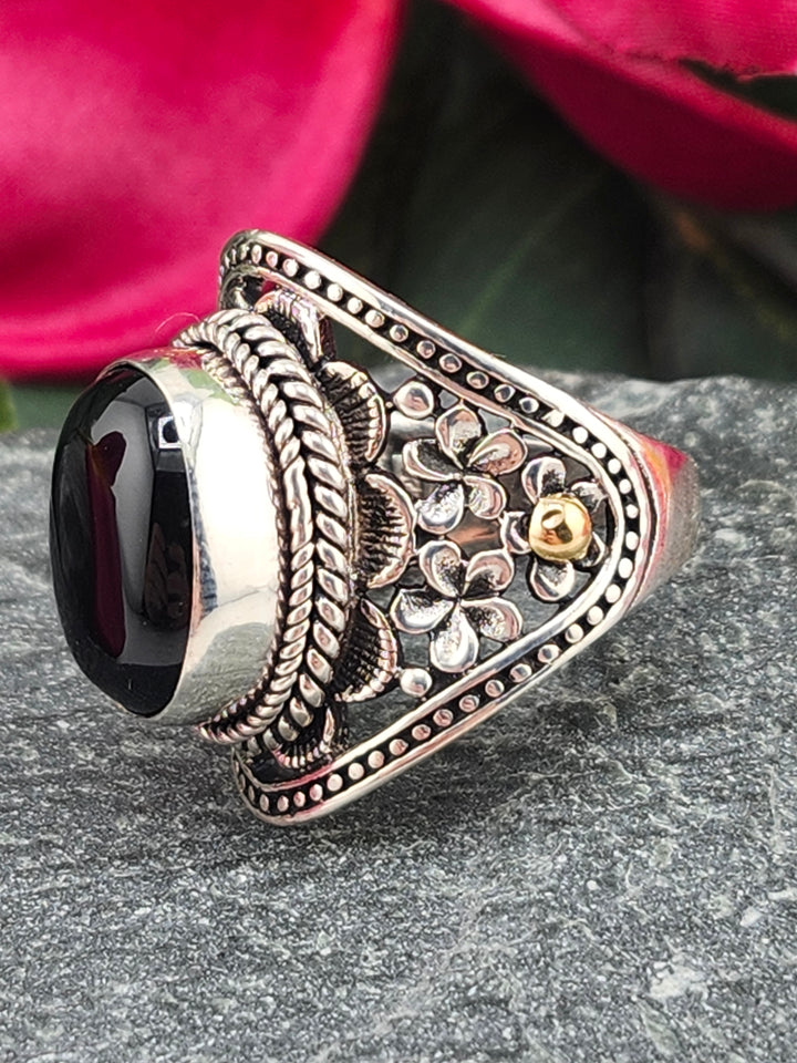 Black Onyx & 18k Gold accented Floral Ring