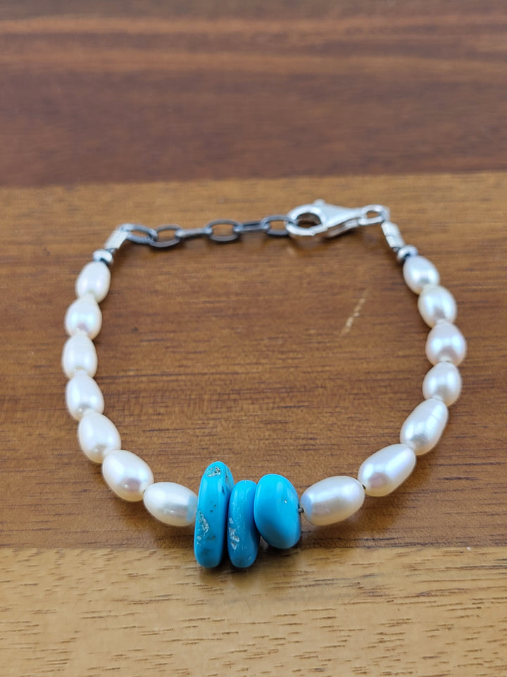 925 Sterling Silver 6 inch + 1 inch Extension Turquoise & Fresh Water Pearl Bead Bracelet