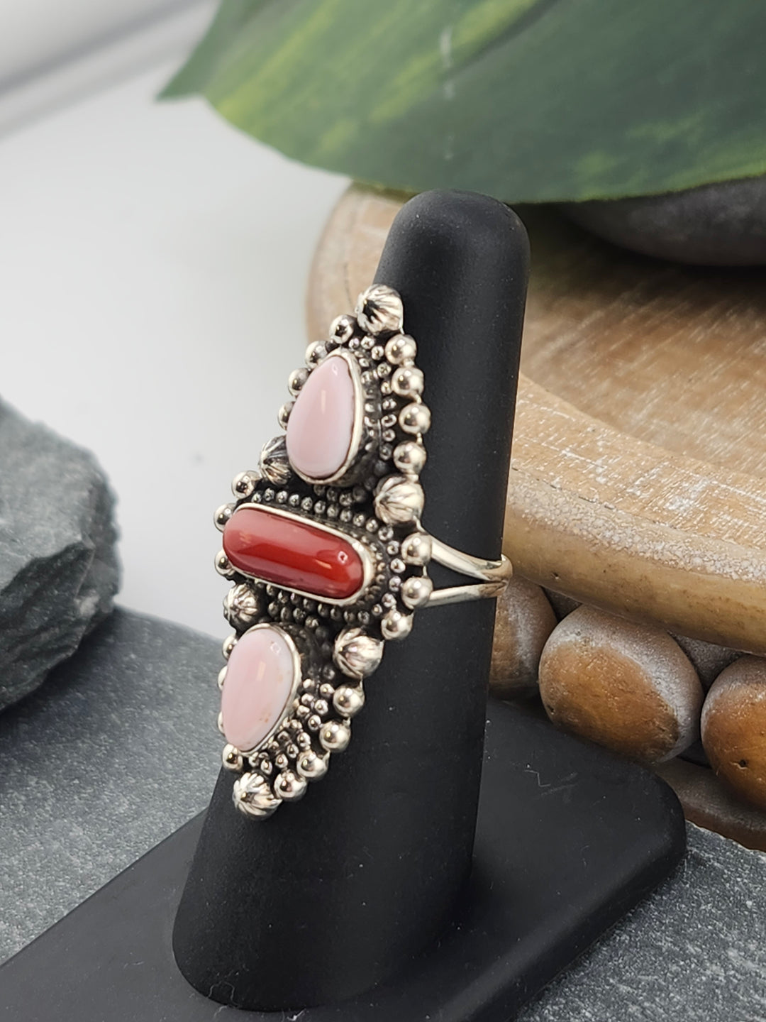 Southwest Queen Conch and Italian Coral Ring Size 6