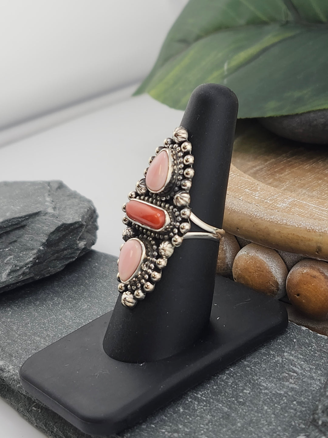 Southwest Queen Conch and Italian Coral Ring Size 7