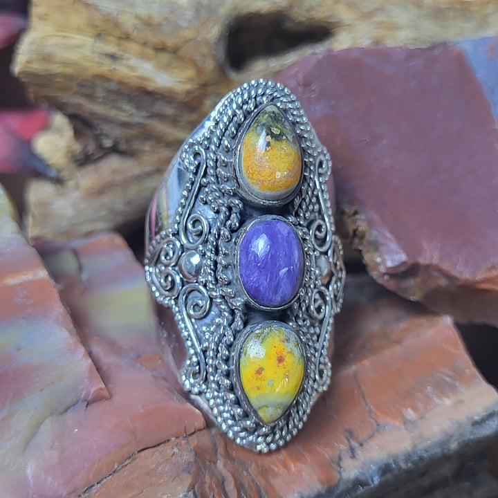 Natural Bumblebee Jasper/Charoite 925 Sterling Silver Ring