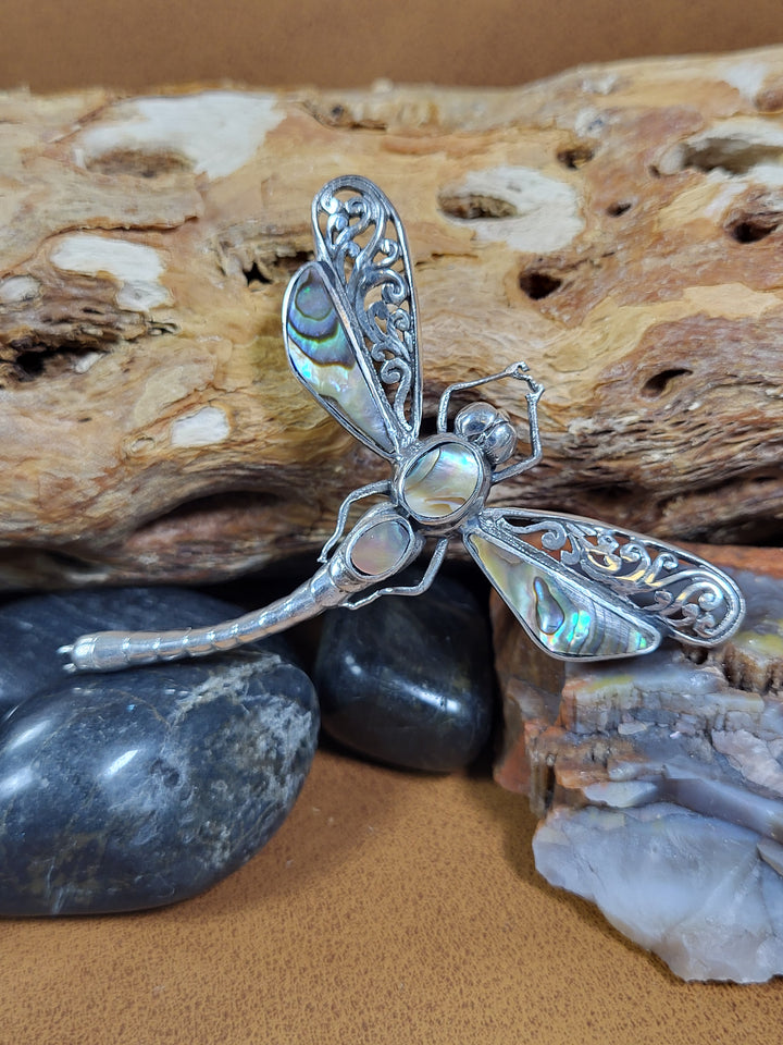 Abalone Shell 925 Sterling Silver Dragonfly Pin/Pendant - 2 1/4" by 2 1/2"