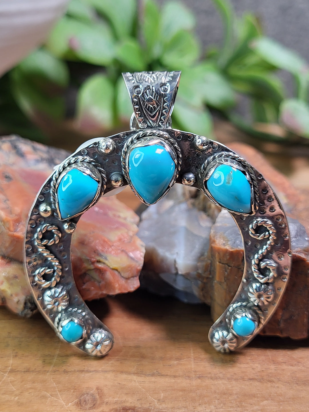 Natural Turquoise Horseshoe Pendant 925 Sterling Silver