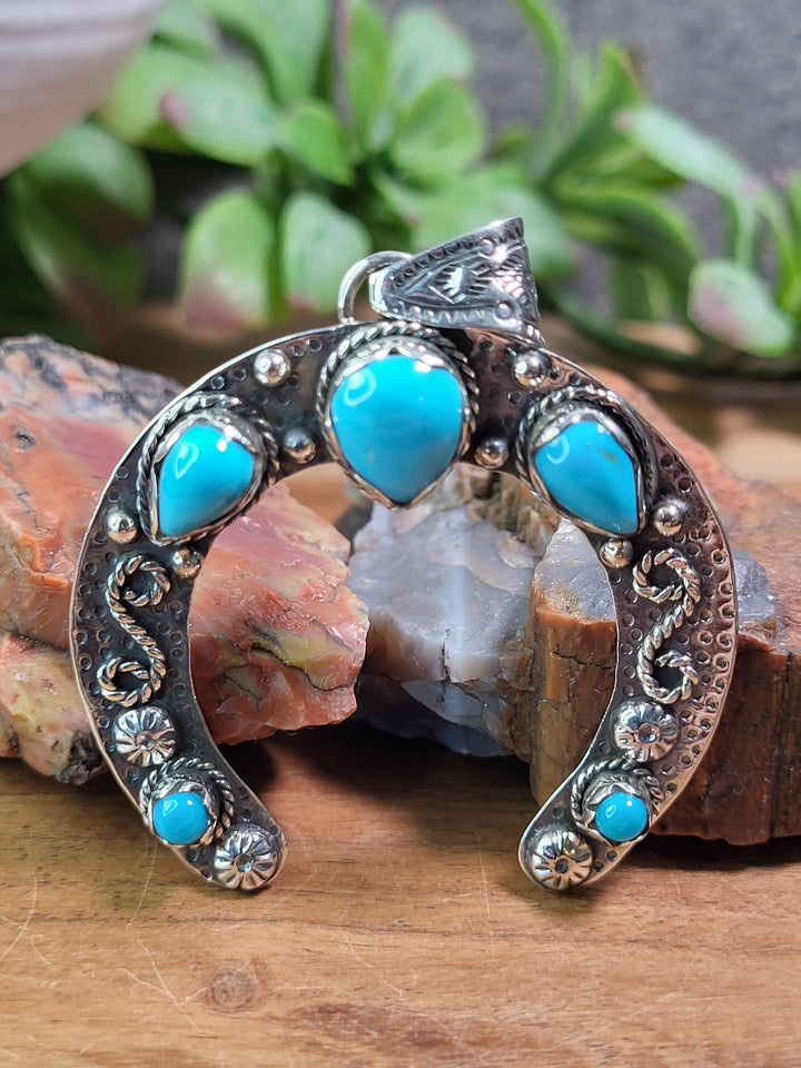 Natural Turquoise Horseshoe Pendant 925 Sterling Silver