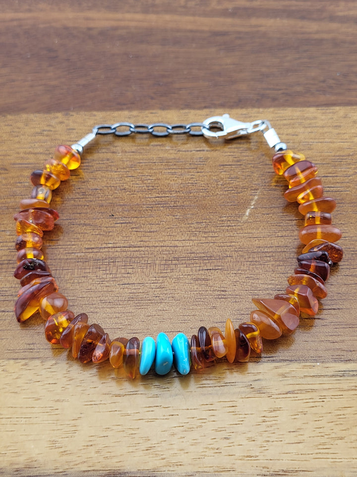 925 Sterling Silver 7 inch + 1 inch Extension Amber & Turquoise Bracelet