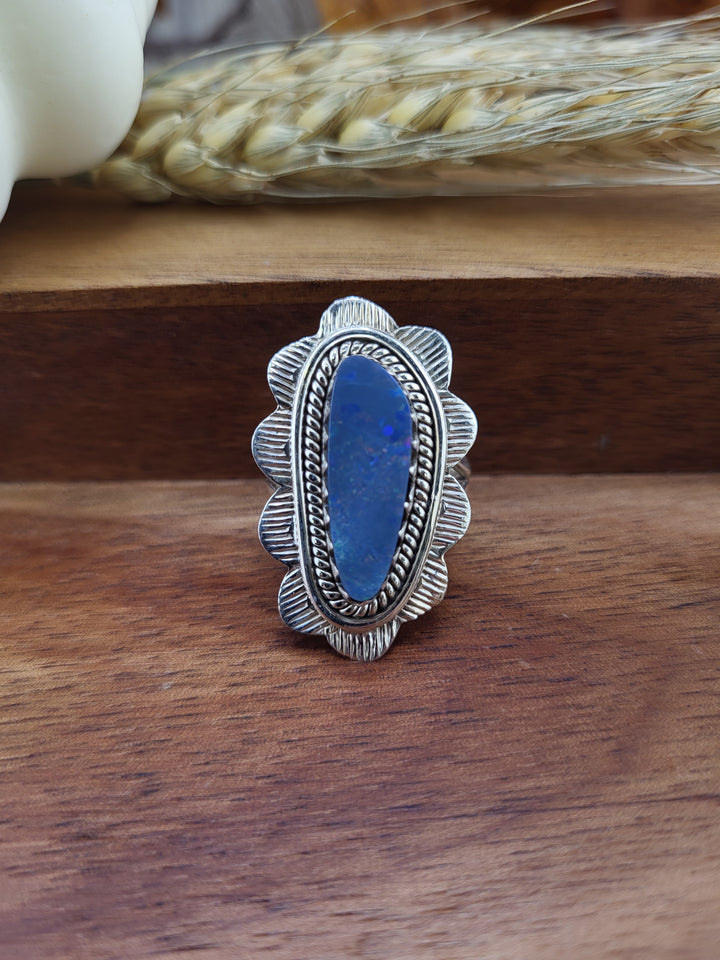 925 Sterling Silver Australian Opal Doublet Ring Size 8