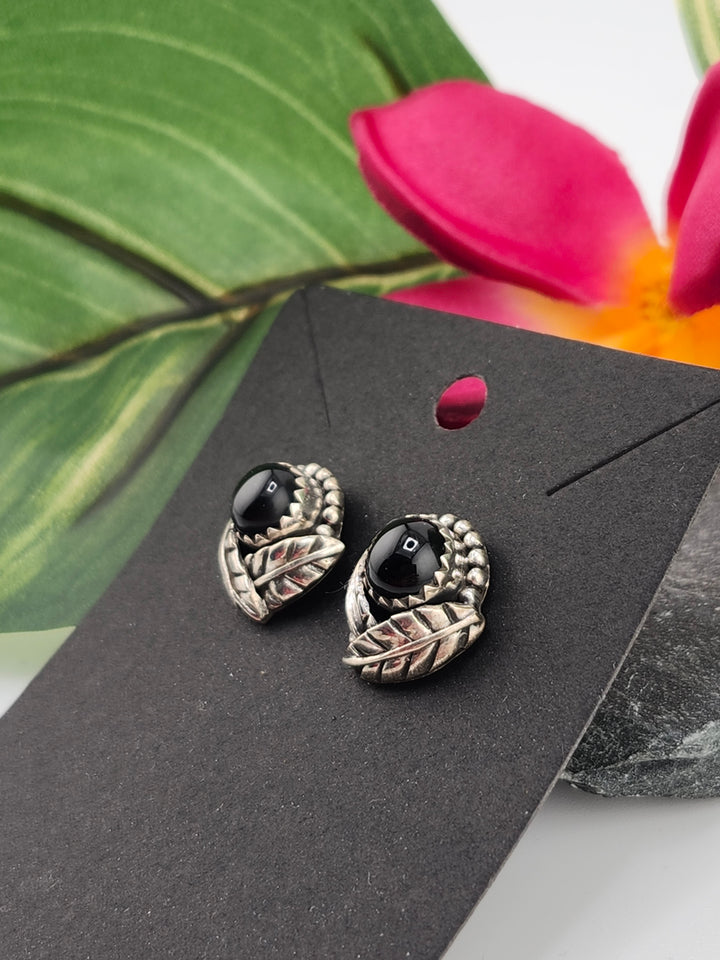 Black Onyx Round Post Back Stud Earrings