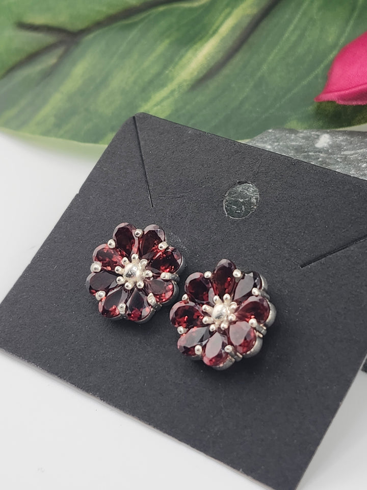 Garnet Flower Post Back Studs