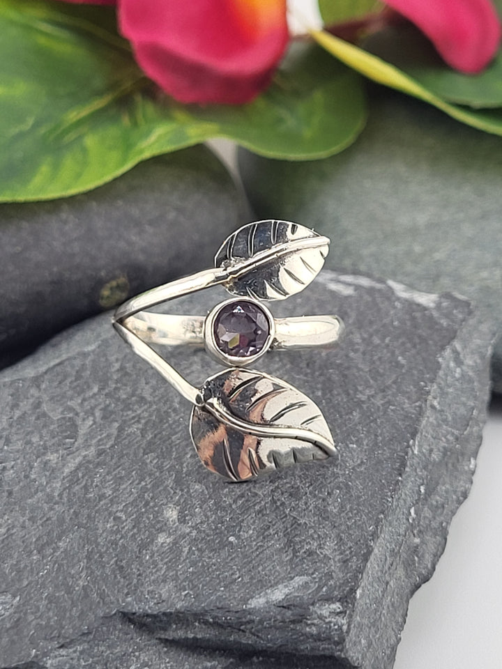 Adjustable Amethyst Leaf Ring - Size 9