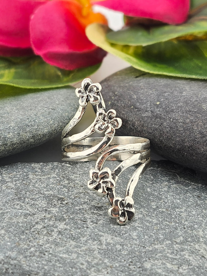 Silver Flower Bypass Ring - Adjustable Size 8