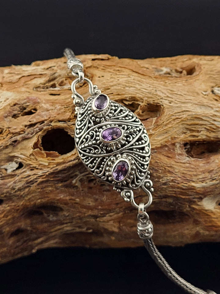 Bali 925 Sterling Silver Amethyst Adjustable Bracelet