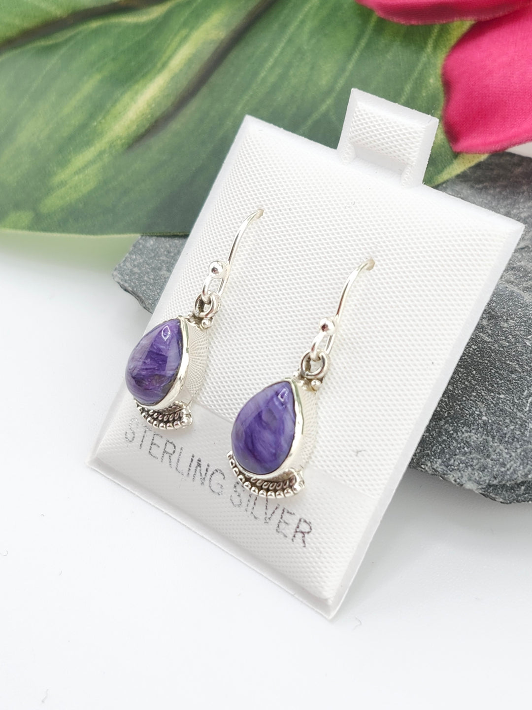 Charoite Teardrop Dangles Earrings