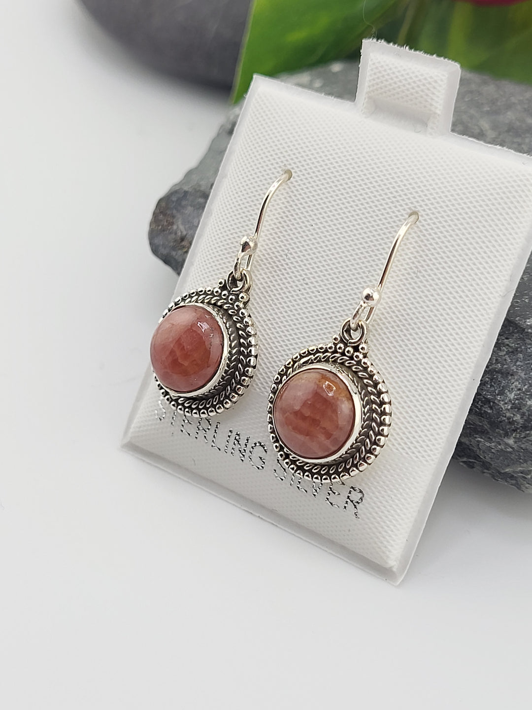 Rhodochrosite Round Dangle Earrings