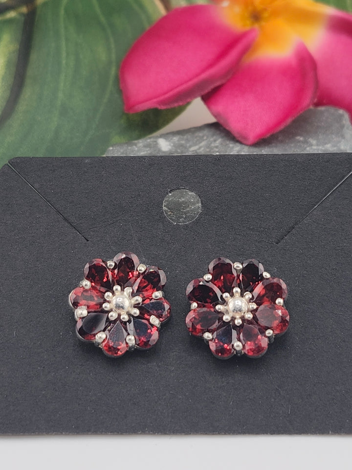 Garnet Flower Post Back Studs