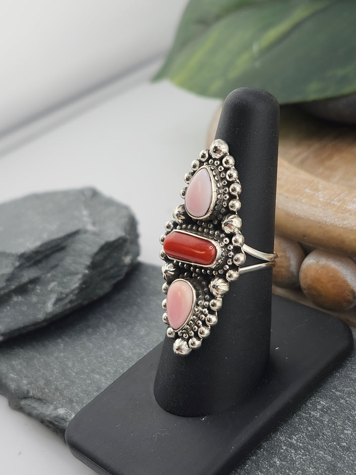 Southwest Queen Conch and Italian Coral Ring Size 7