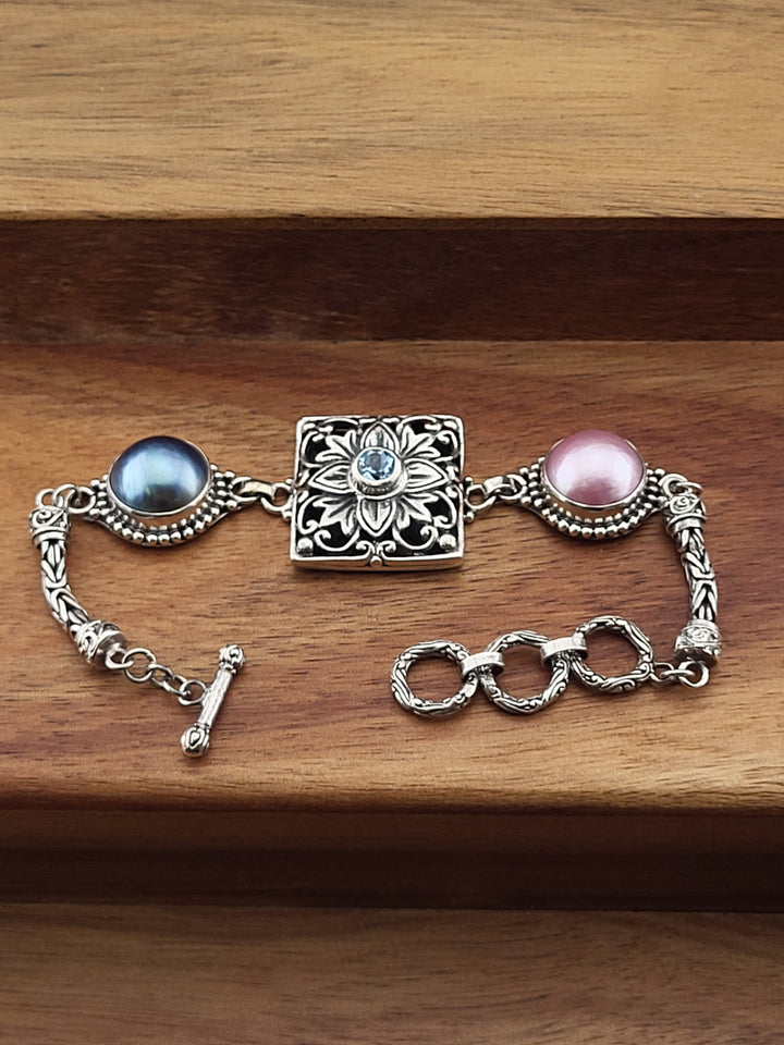 925 Sterling Silver 7'-8' Bali Bracelet w/ Natural Topaz and Blue & Pink Mabe Pearls