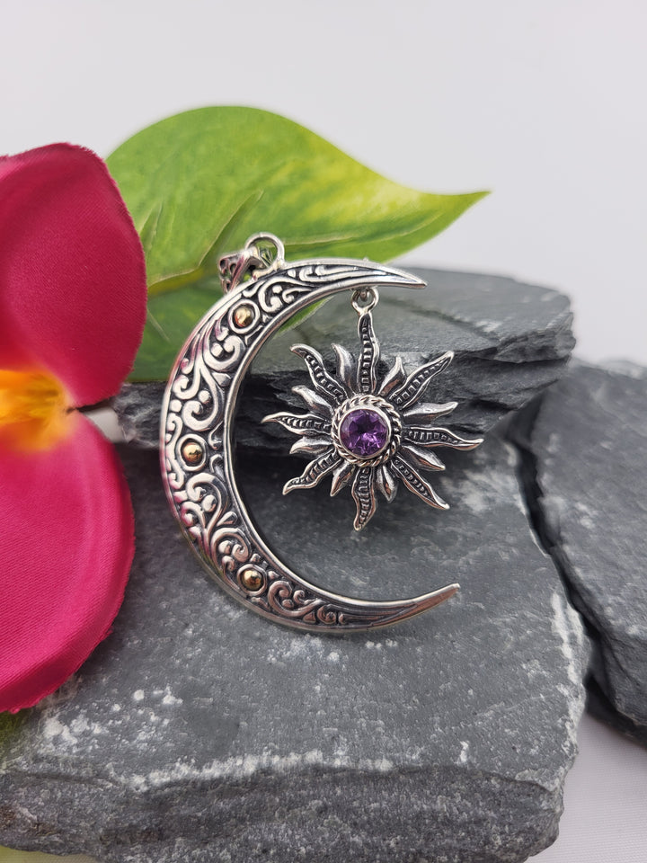 Bali Amethyst Star & 18k Accented Cresent Moon Pendant