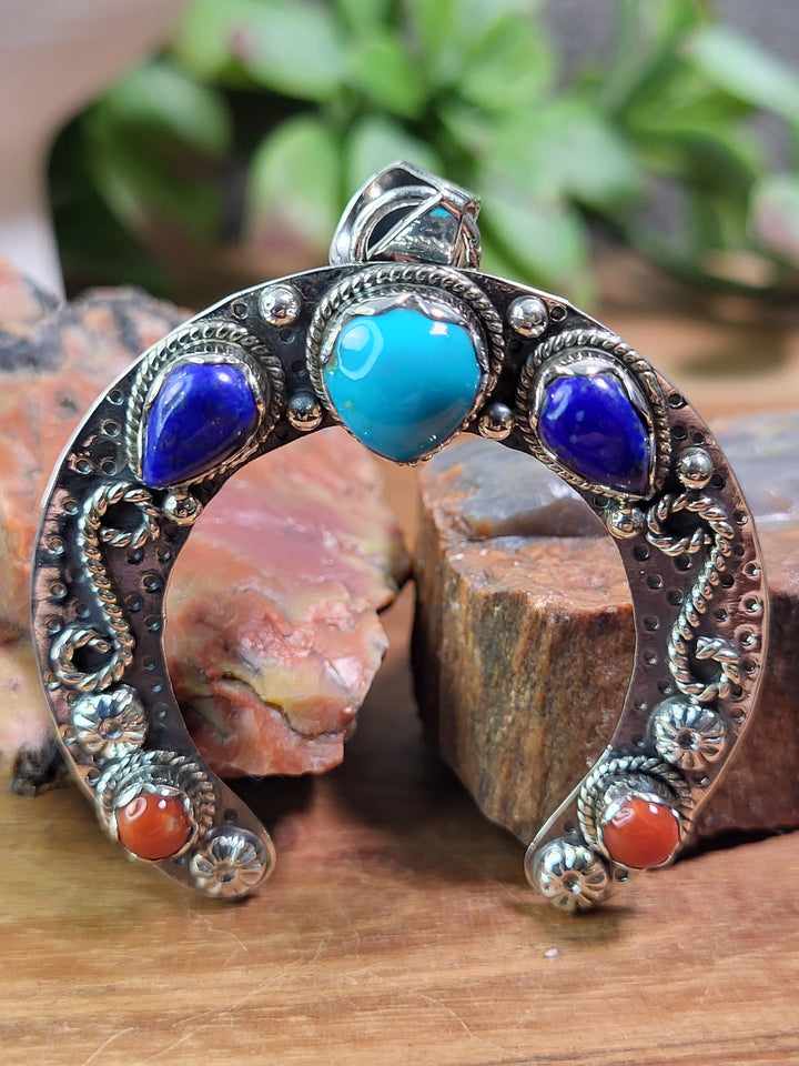 Natural Turquoise, Lapis, & Coral Horseshoe Pendant 925 Sterling Silver