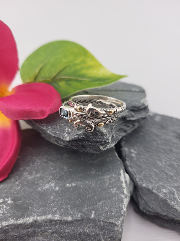 Bali Stackable Dolphin and Seahorse Topaz w/18K Accents Rings