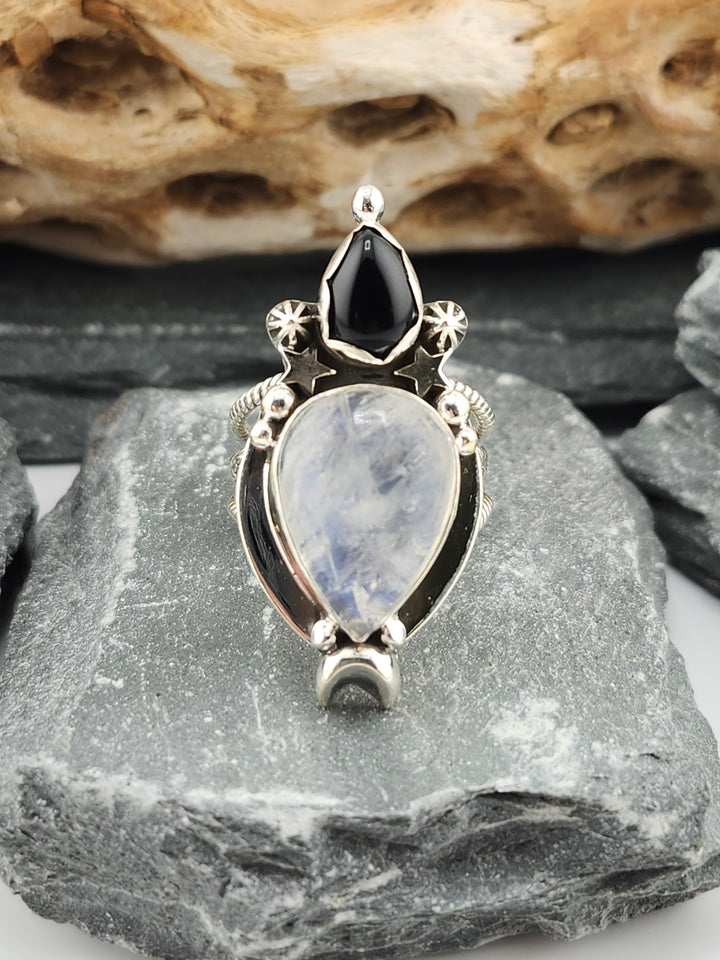 Moonstone and Black Onyx Ring