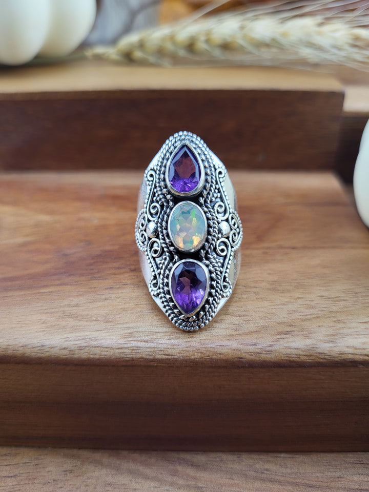 3 Stone Amethyst & Opal Ring